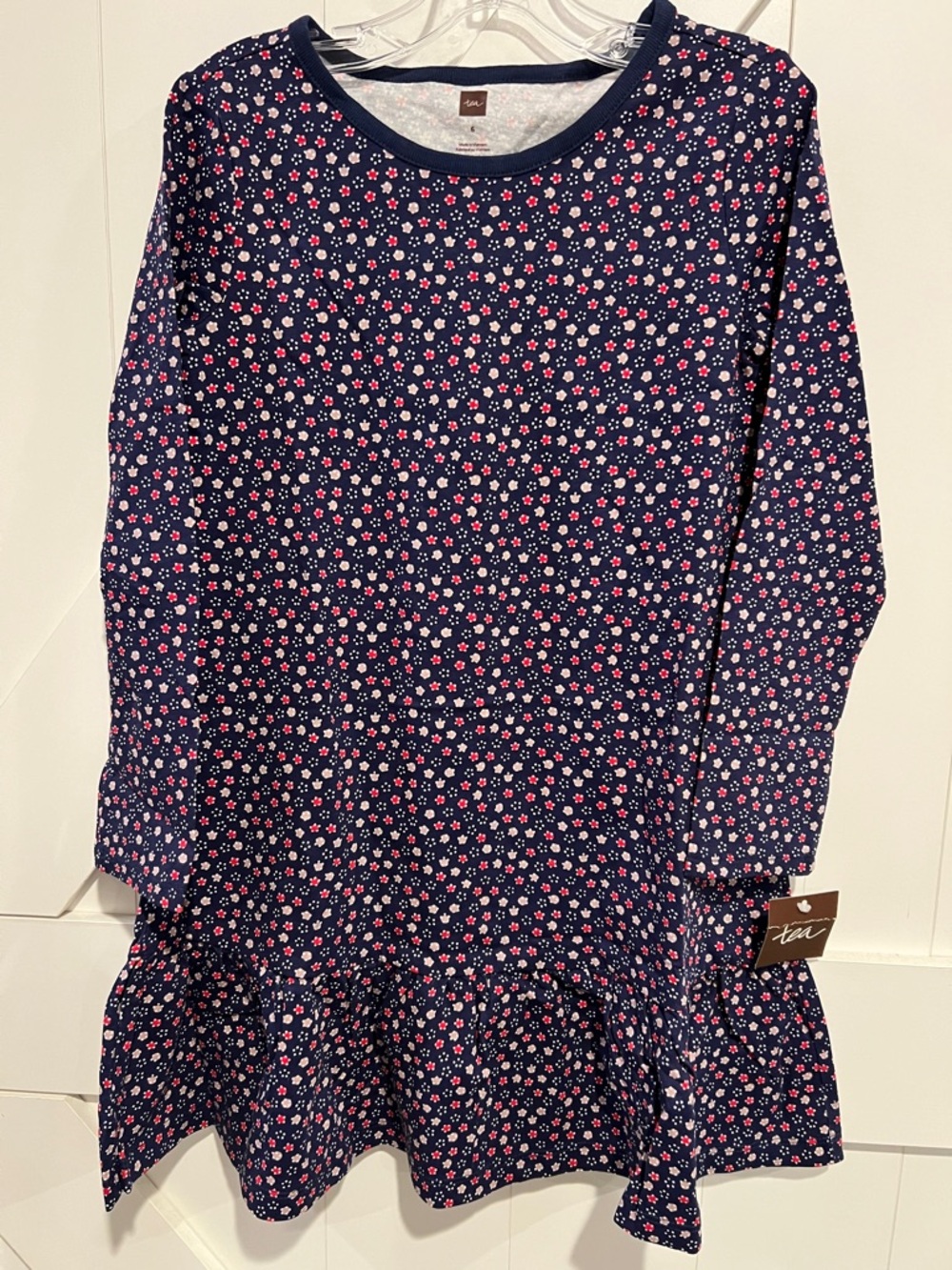 TEA collection Navy Floral Ruffle Hem Long Sleeve Dress
